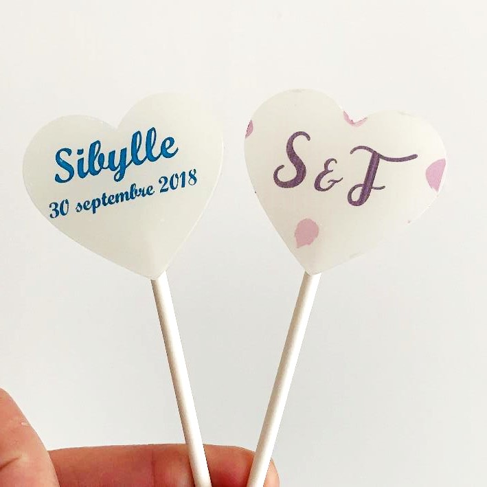 Cadeau invité mariage Sucettes imprimées coeur